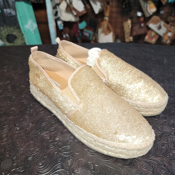 Steve Madden 9B Popi Platform Gold Glitter sequins Espadrille Loafers - Picture 7 of 8